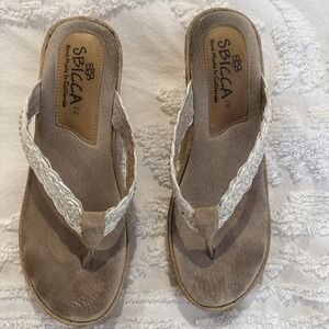 Sbicca Womens Size 10 Tan Beige Rhinestone Wedge Sandals Flip Flops